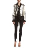 Cage-Print Tie-Neck Silk Blouse, Black/Gold