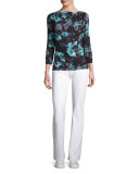 Floral Jersey Bateau-Neck 3/4-Sleeve Tee, Peacock/Multi