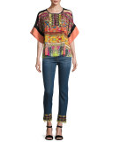Tassel-Trim Half-Sleeve Peasant Top, Black/Salmon/Magenta