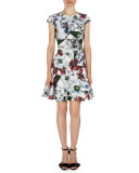 Darlina Cap-Sleeve Floral-Print Dress, White/Red