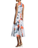 Sleeveless Floral-Print Midi Dress, Orange