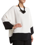 3/4-Sleeve Bateau-Neck Colorblock Top, Black/White