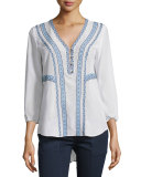Loreto Embroidered Silk Blouse, Cream