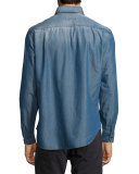 Button-Front Chambray Dress Shirt, Blue Solid