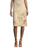 Hummingbird-Embroidered Brocade A-Line Skirt, Oro
