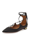 Christy Lace-Up Pointed-Toe Flat, Black