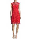 Cap-Sleeve Jewel-Neck Lace Dress, Red