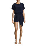Lace-Trim Belted Silk Romper Coverup, Navy