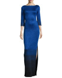 Metallic Degrade Peekaboo 3/4-Sleeve Gown, Azzurine/Multi