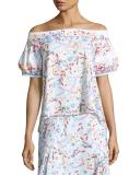 Floral Off-the-Shoulder Half-Sleeve Blouse, White