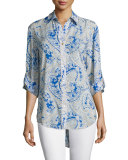 3/4-Sleeve Button-Front Printed Shirt, Blue Multi