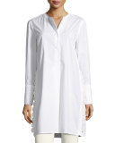 Crochet-Side Poplin Tunic Blouse, White