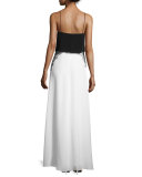 Gigi Sleeveless Embroidered Silk Colorblock Gown, Black/White