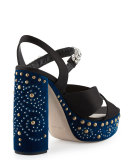 Velvet Jeweled-Strap Sandal, Nero/Cobalto