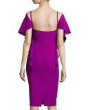 Flutter-Sleeve Scoop-Back Dress, Berry