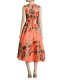 Floral Sleeveless V-Neck Midi Dress, Salmon/Multi