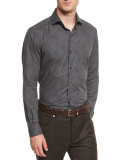 Floral-Print Flannel Sport Shirt, Charcoal