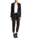 Wool & Satin Fringe Blazer, Navy