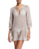 Wynn 3/4-Sleeve Lace-Inset Tunic Coverup, Pechino