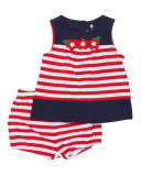 Sleeveless Striped Stretch Jersey Dress w/ Bloomers, Blue/Red, Size 3-24 Months