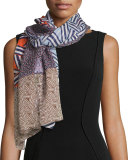 Ribbon Rectangles Silk Scarf, Blue/Green