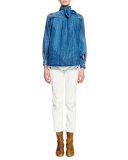 Long-Sleeve Tie-Neck Blouse, Denim