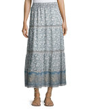 Kenath Floral-Print Silk Prairie Skirt, White/Blue