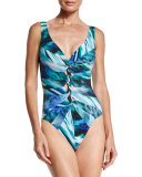 Aquatic-Print Knot-Front Underwire One-Piece Swimsuit