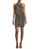 Samala Silk Embroidered Blouson Dress, Black/Gold