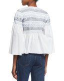 3/4-Sleeve Embroidered Peplum Top, White