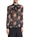 Tie-Neck Wishing Flower-Print Silk Blouse, Navy