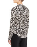 Harmony Silk Animal-Print Pintucked Blouse, White/Brown