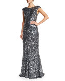 Alyssa Cap-Sleeve Sequined Gown, Silver