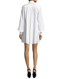 Long-Sleeve Pinstriped Poplin Tunic/Dress, Ivory