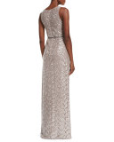 Sleeveless Sequined Lace Column Gown 