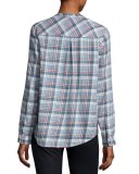Aleta Plaid Collarless Shirt, Blue