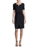 Milano Jersey Belted Short-Sleeve Dress, Midnight