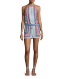 Tyra Sleeveless Drawstring-Waist Romper, Cobalt Blue Combo