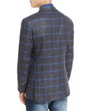 Windowpane Check Three-Button Sport Coat, Gray/Blue