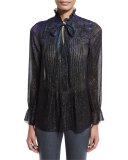 Everette Long-Sleeve Pintucked Metallic Silk Blouse, Jasmine