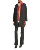 Collarless Contrast-Trimmed Wool-Blend Coat, Smoke/Carnelian