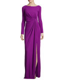 Long-Sleeve Ruched-Waist Gown, Orchid