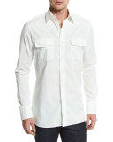 Military-Style Washed Twill Sport Shirt, White