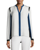 Layne Long-Sleeve Colorblocked Silk Blouse, Antique