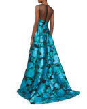 Sleeveless Mesh-Inset Ikat Gown, Green/Multi