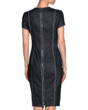 Denim Short-Sleeve Crewneck Sheath Dress, Indigo Blue