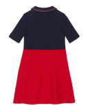 Short-Sleeve Colorblock Wool-Blend Dress, Red/Navy, Size 4-12