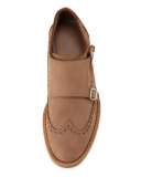 Leather Monk-Strap Wing-Tip Loafer, Beige