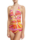 Lance One-Piece Swimsuit with Front Knot Detail, Pink/White/Yellow