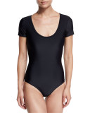 Short-Sleeve Ballet One-Piece Swimsuit, Black